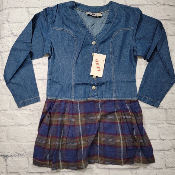 Dresses & Skirts - Tunic Top Dress sz Medium Pleated Plaid Flannel Denim Jean Vintage Style 90s Y2K